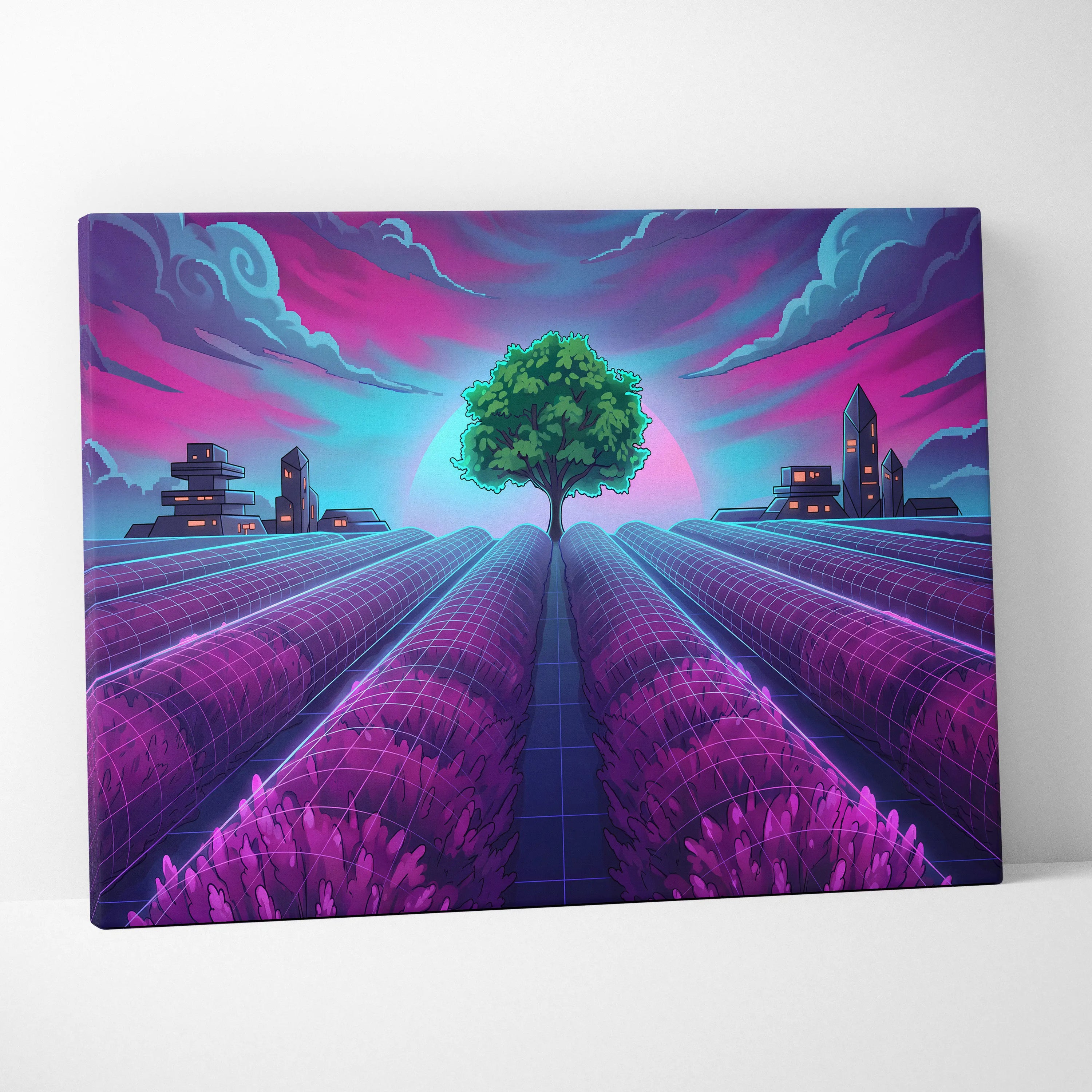 Neon Vaporwave Cityscape Canvas - Vaporwave Cityscape Neon Pink Blue Canvas Dreamy Mood, Retro Futurism Decor
