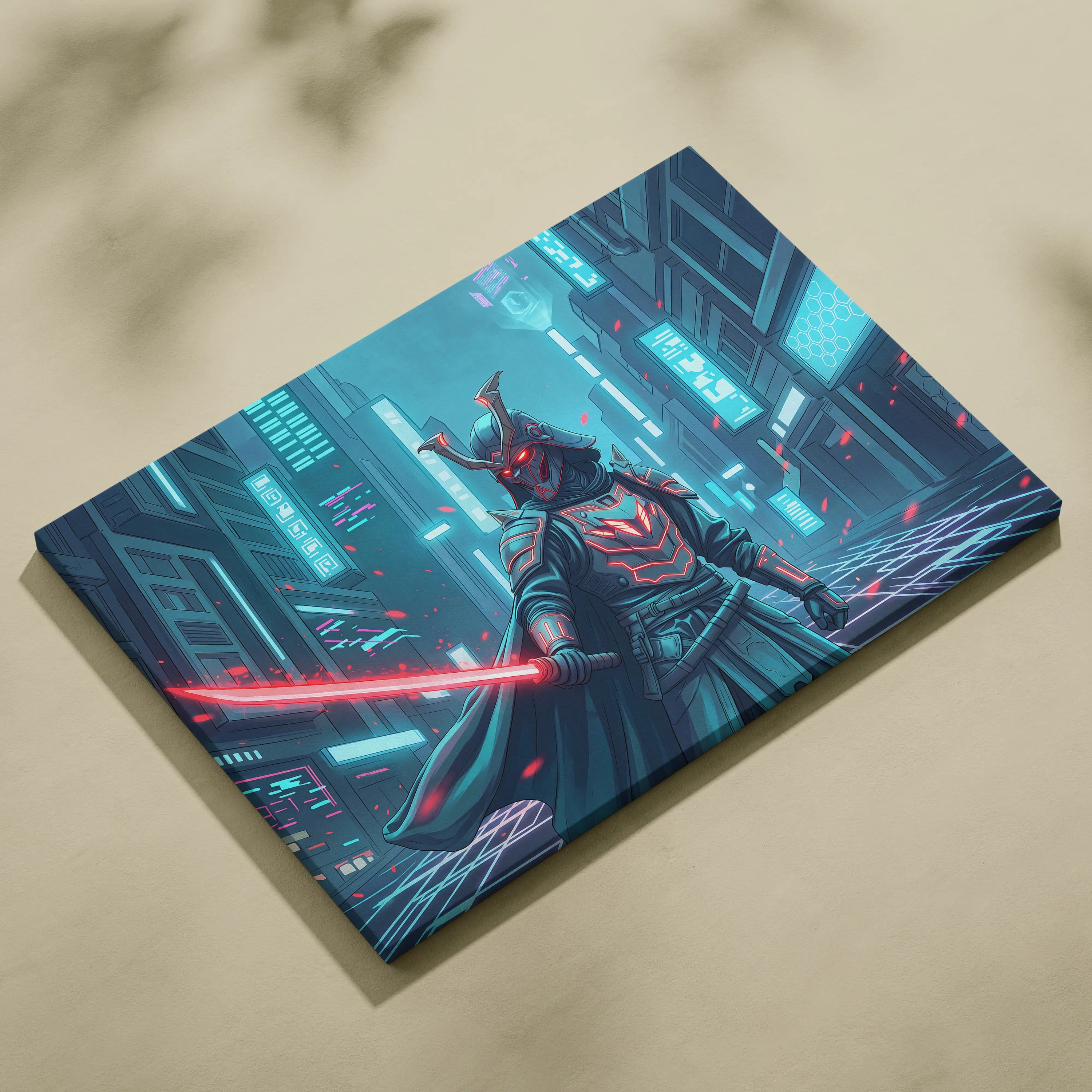 Neon Samurai Vaporwave Canvas - Samurai Neon Blue Pink Living Room Vaporwave Moody Neon Retro Futurist Wall Art Canvas
