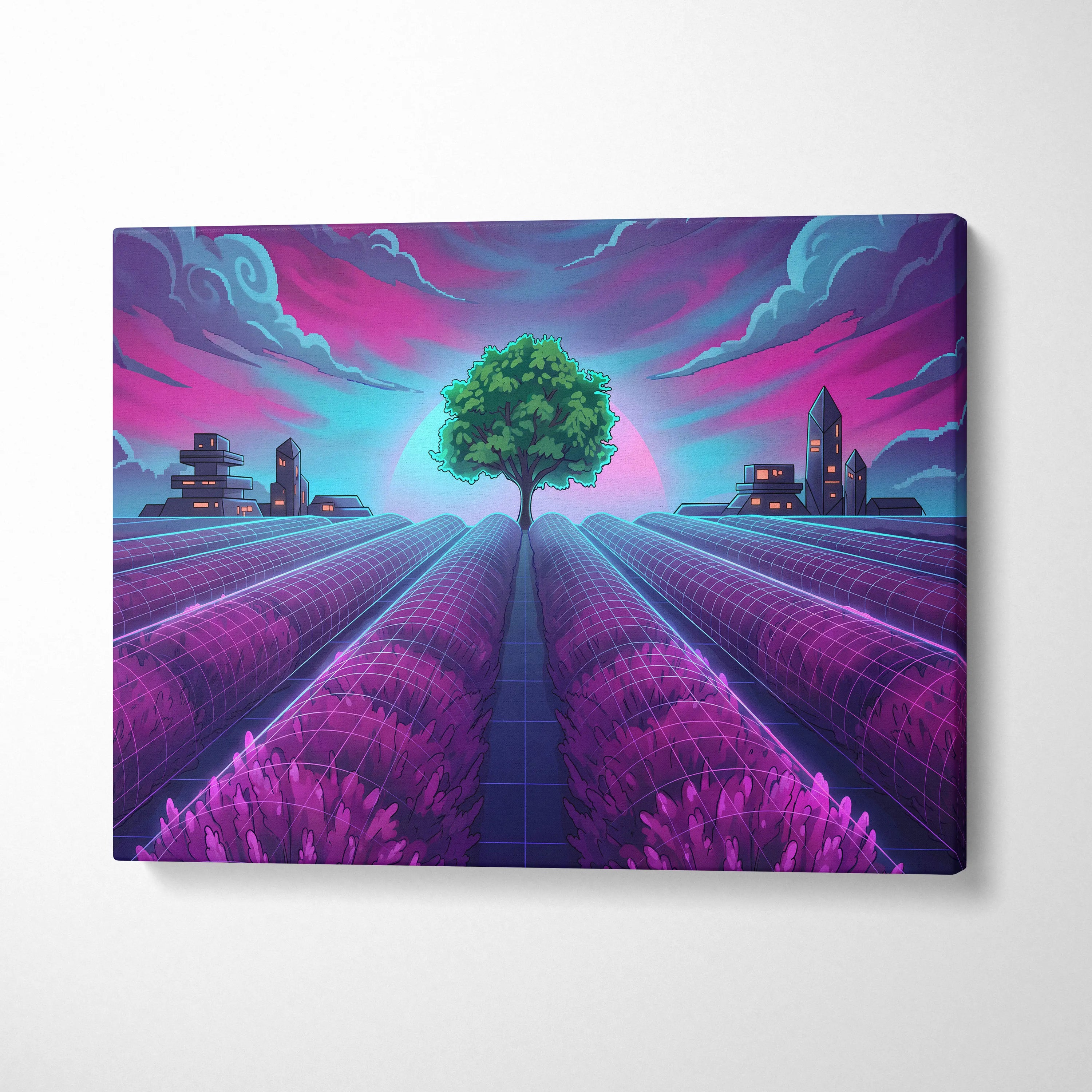 Neon Vaporwave Cityscape Canvas - Vaporwave Cityscape Neon Pink Blue Canvas Dreamy Mood, Retro Futurism Decor
