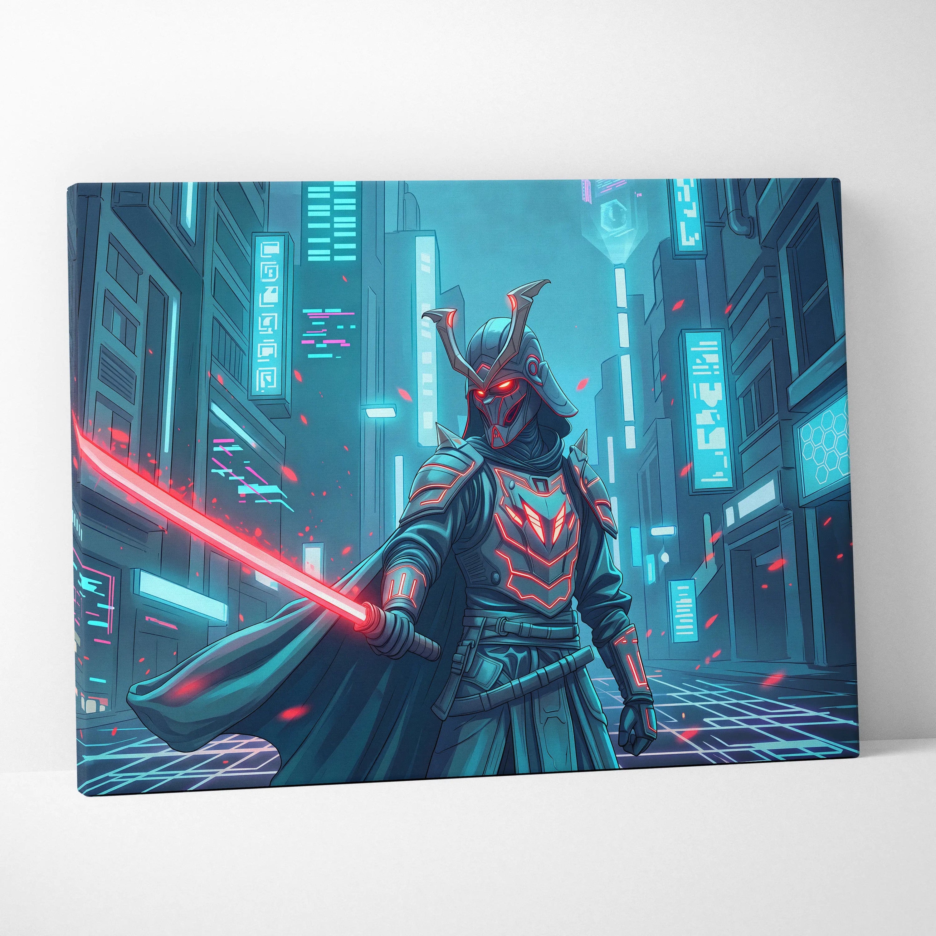Neon Samurai Vaporwave Canvas - Samurai Neon Blue Pink Living Room Vaporwave Moody Neon Retro Futurist Wall Art Canvas