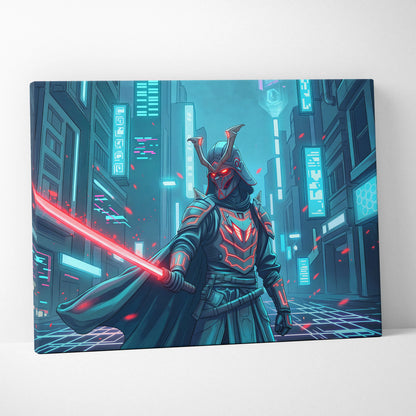 Neon Samurai Vaporwave Canvas - Samurai Neon Blue Pink Living Room Vaporwave Moody Neon Retro Futurist Wall Art Canvas