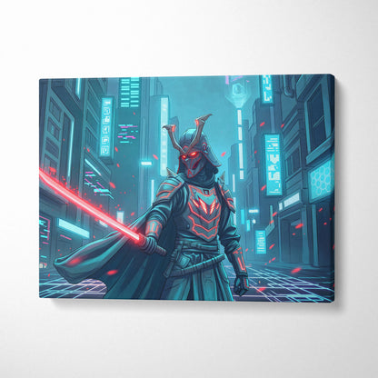Neon Samurai Vaporwave Canvas - Samurai Neon Blue Pink Living Room Vaporwave Moody Neon Retro Futurist Wall Art Canvas