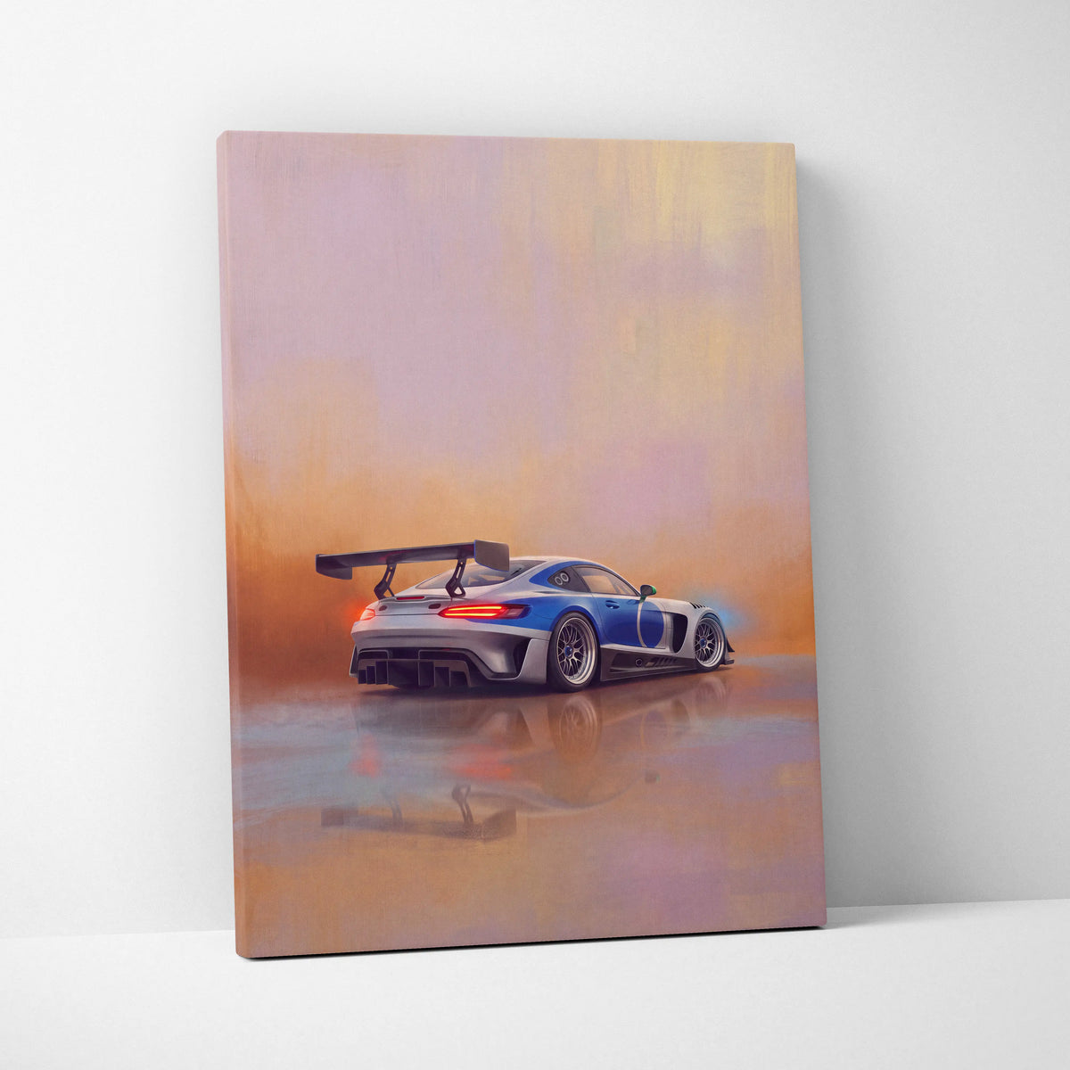 Mercedes-AMG GT Black Series inspired canvas wall art featuring a sleek blue and silver racing car with rear spoiler