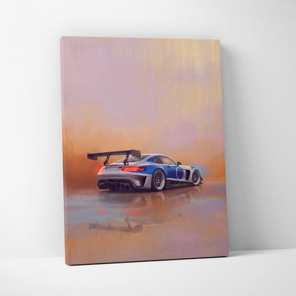 Mercedes-AMG GT Black Series inspired canvas wall art featuring a sleek blue and silver racing car with rear spoiler