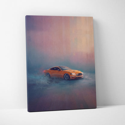 Orange Ford Mustang sports car painted on canvas in a misty atmosphere muscle car wall art for garage decor
