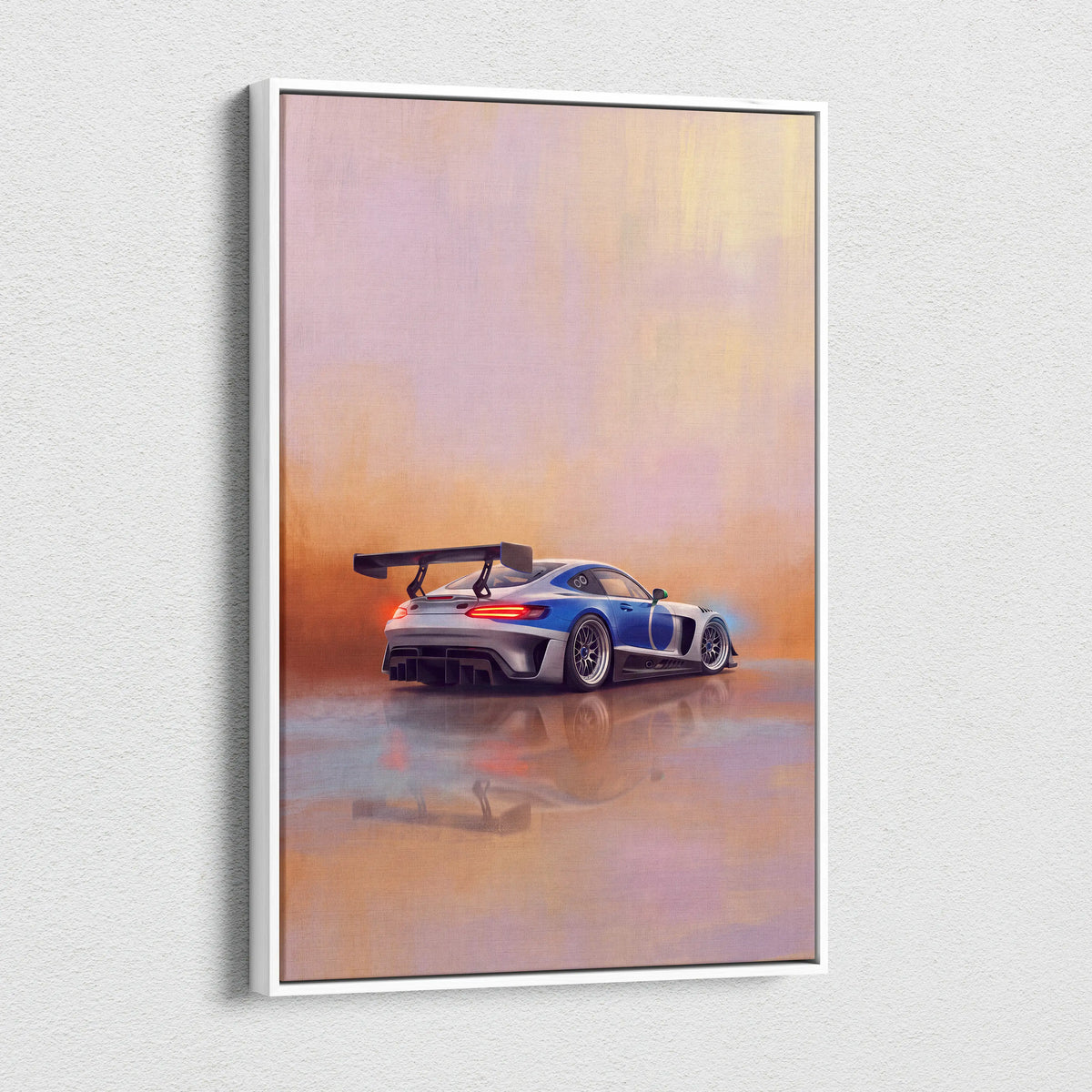 Mercedes-AMG GT Black Series inspired blue and silver racing car poster in white frame canvas wall art print