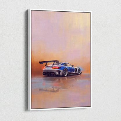 Mercedes-AMG GT Black Series inspired blue and silver racing car poster in white frame canvas wall art print