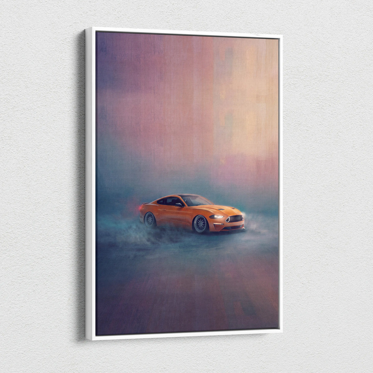Orange ford mustang sports car canvas art in a white frame foggy muscle car painting for garage decor