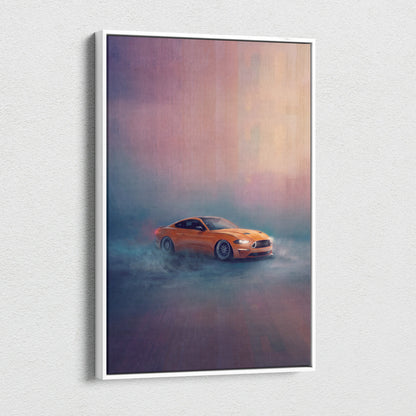Orange ford mustang sports car canvas art in a white frame foggy muscle car painting for garage decor