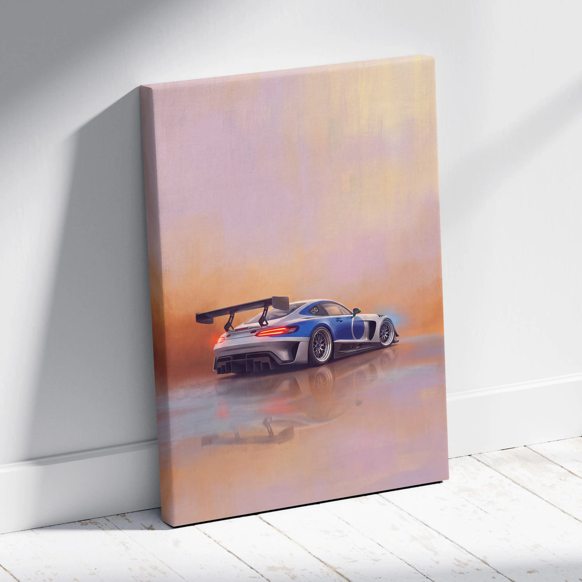 Blue and silver Mercedes-AMG GT Black Series inspired racing car canvas print with rear spoiler leaning against white wall