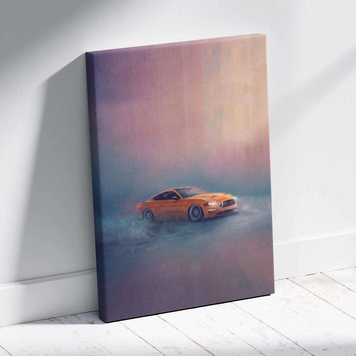 Orange ford mustang canvas print showing a muscle car drifting through misty terrain for garage wall decor