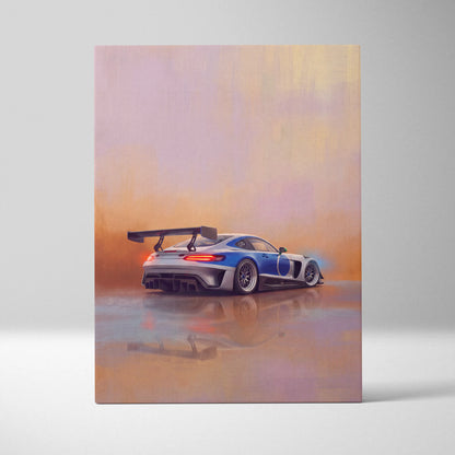 Blue and silver Mercedes-AMG GT Black Series inspired racing car with rear wing on canvas painting wall art print