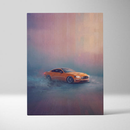 Orange ford mustang inspired canvas art featuring a muscle car drifting against a pastel misty backdrop for garage decor