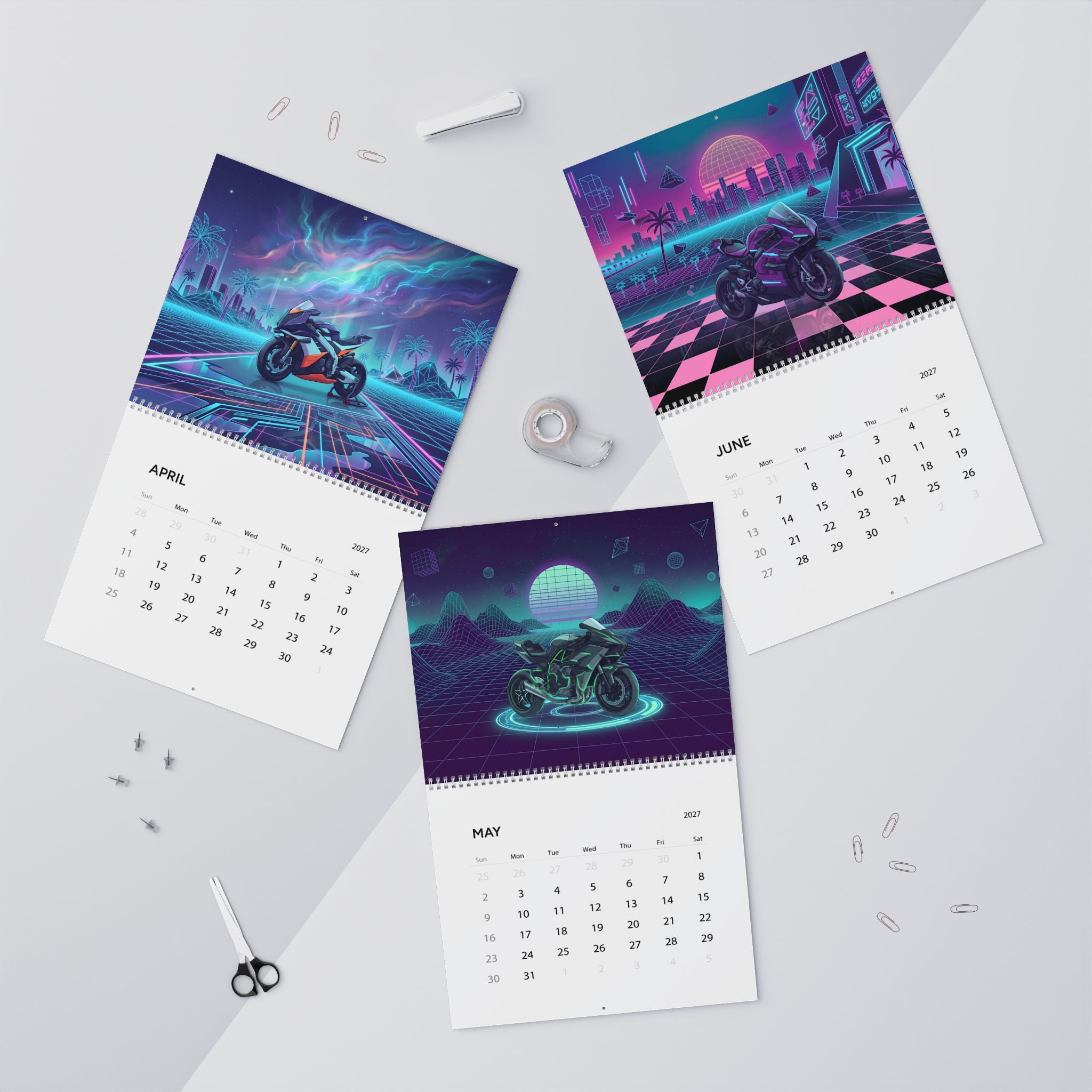 2027 Sportbike Vaporwave Wall Calendar – Supersport Motorcycles & Retro Futuristic Neon Artwork