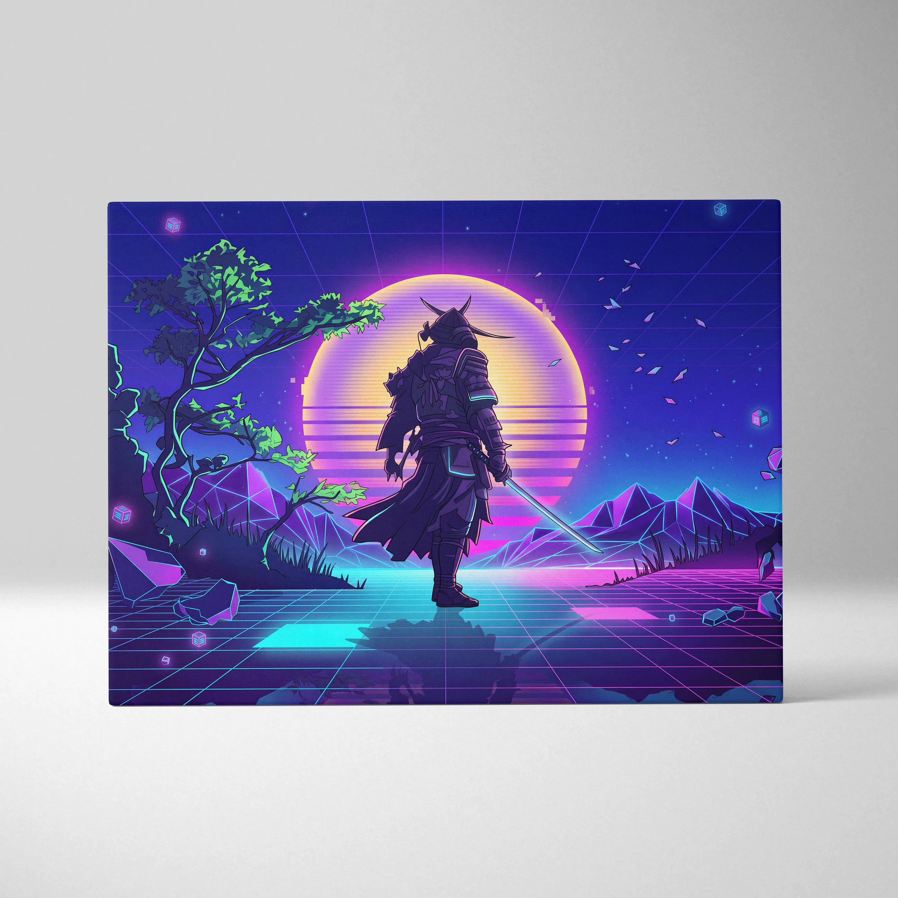 Vaporwave Neon Samurai Canvas - Samurai Neon Pink Purple Cyan Living Room Neon Mood Retro Futurism Wall Art Canvas
