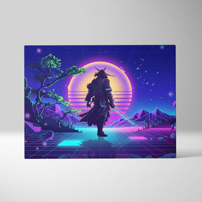 Vaporwave Neon Samurai Canvas - Samurai Neon Pink Purple Cyan Living Room Neon Mood Retro Futurism Wall Art Canvas
