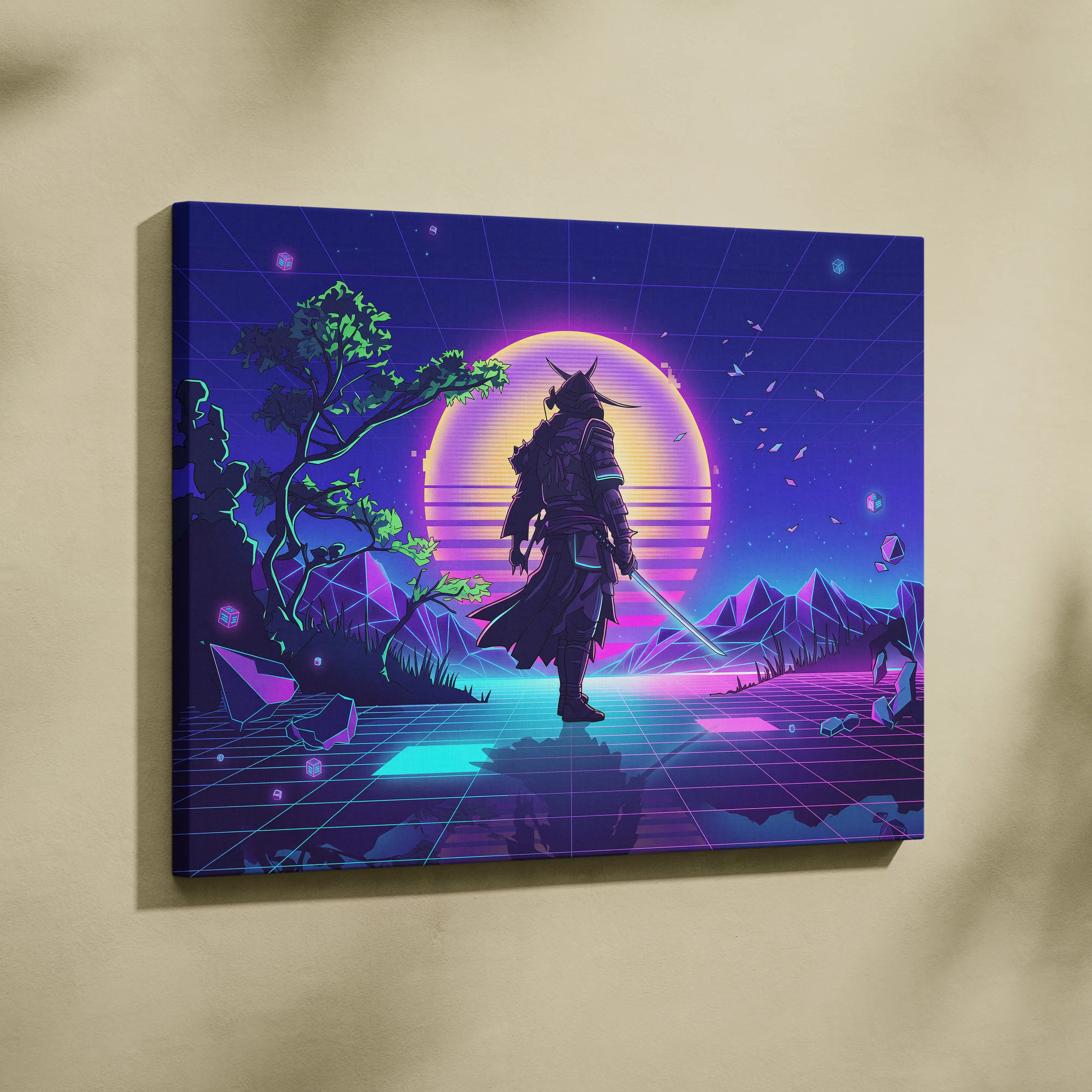 Vaporwave Neon Samurai Canvas - Samurai Neon Pink Purple Cyan Living Room Neon Mood Retro Futurism Wall Art Canvas