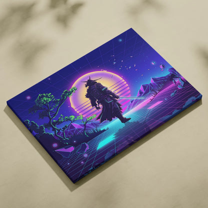 Vaporwave Neon Samurai Canvas - Samurai Neon Pink Purple Cyan Living Room Neon Mood Retro Futurism Wall Art Canvas