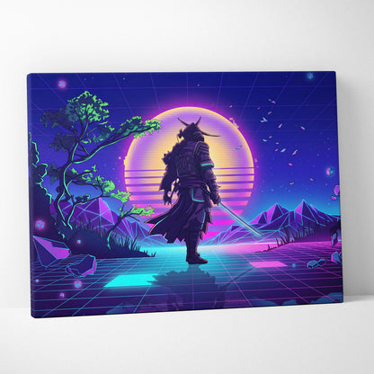 Vaporwave Neon Samurai Canvas - Samurai Neon Pink Purple Cyan Living Room Neon Mood Retro Futurism Wall Art Canvas