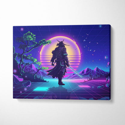 Vaporwave Neon Samurai Canvas - Samurai Neon Pink Purple Cyan Living Room Neon Mood Retro Futurism Wall Art Canvas