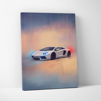 White lamborghini aventador canvas print with glowing blue and red lights against gradient sky for premium wall decor
