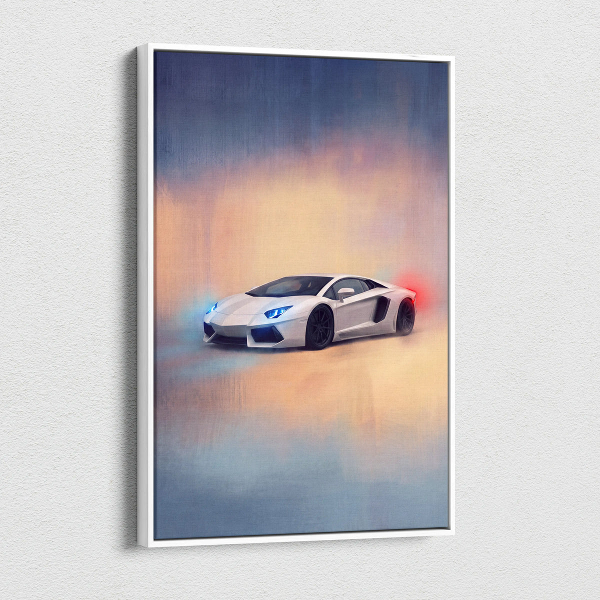 White lamborghini aventador sports car canvas art with glowing blue headlights and red taillights on smoky sky background