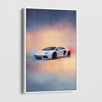 White lamborghini aventador sports car canvas art with glowing blue headlights and red taillights on smoky sky background