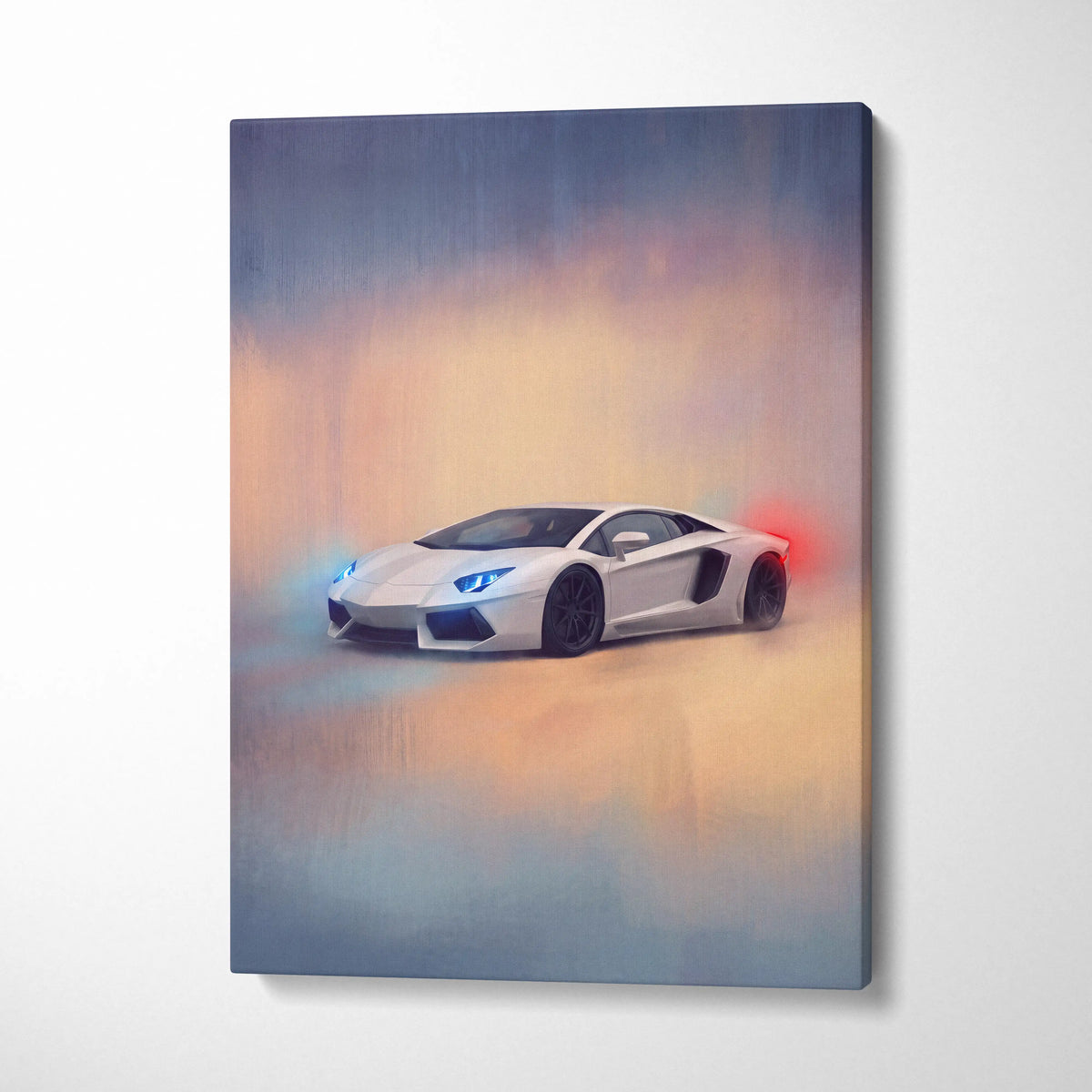 White lamborghini aventador canvas print with glowing blue and red accents premium automotive wall decor