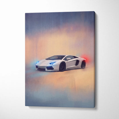 White lamborghini aventador canvas print with glowing blue and red accents premium automotive wall decor