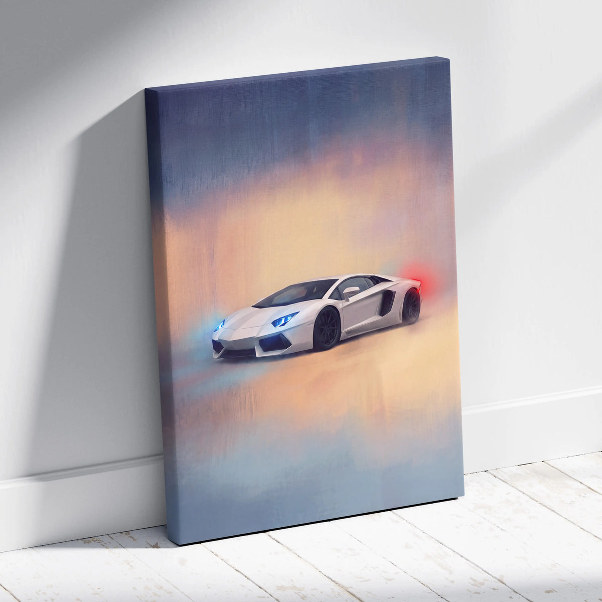 White Lamborghini Aventador inspired canvas art with glowing blue headlights and red taillights for premium wall decor