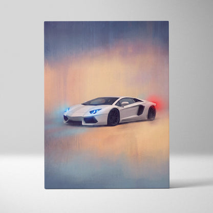 White lamborghini aventador canvas art with glowing blue headlights and red taillights premium automotive decor