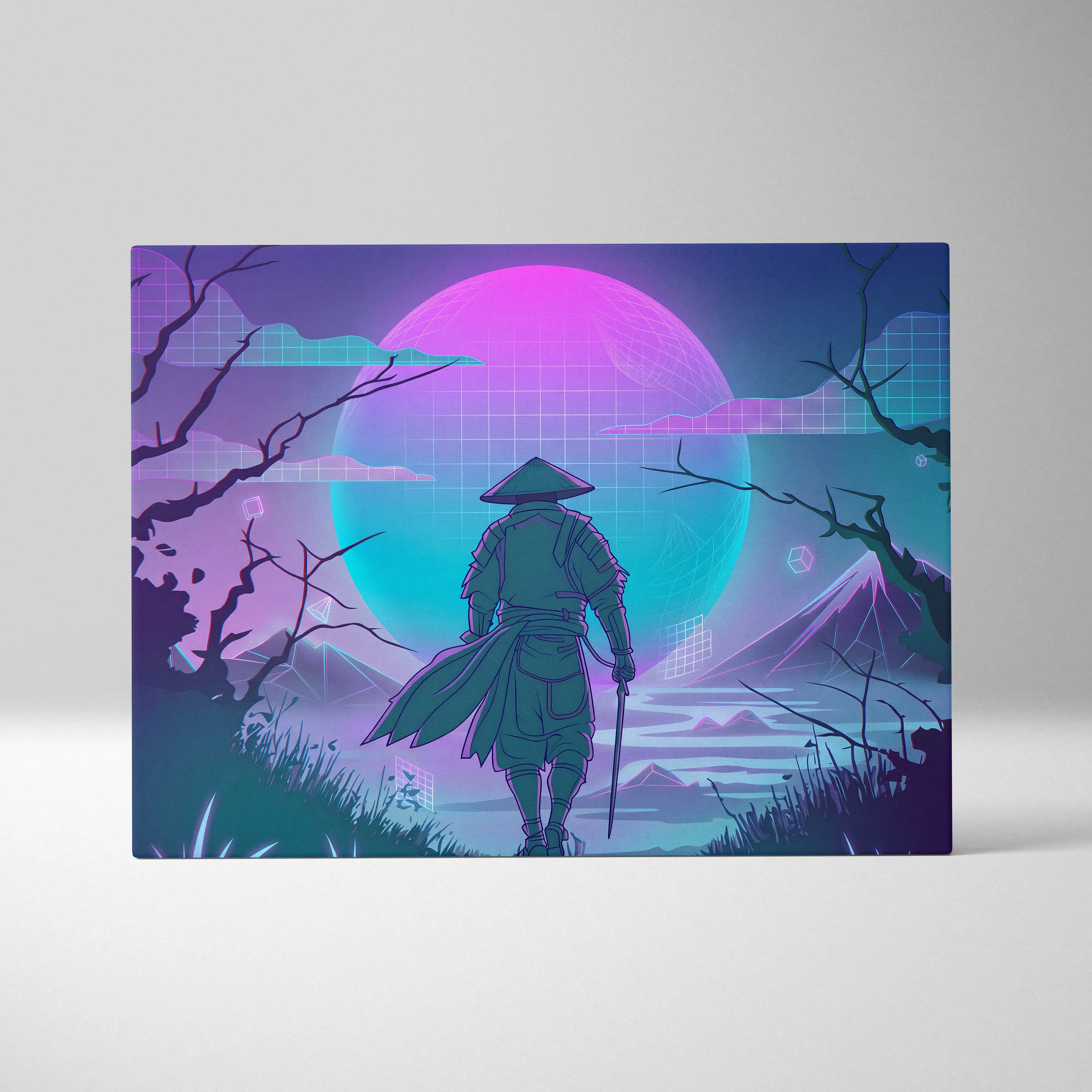 Vaporwave Neon Samurai Canvas - Samurai Neon Pink Purple Teal Living Room Vaporwave Dreamy Mood Neon Grid Canvas Print