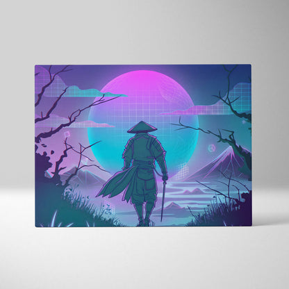Vaporwave Neon Samurai Canvas - Samurai Neon Pink Purple Teal Living Room Vaporwave Dreamy Mood Neon Grid Canvas Print