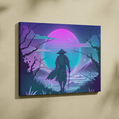 Vaporwave Neon Samurai Canvas - Samurai Neon Pink Purple Teal Living Room Vaporwave Dreamy Mood Neon Grid Canvas Print