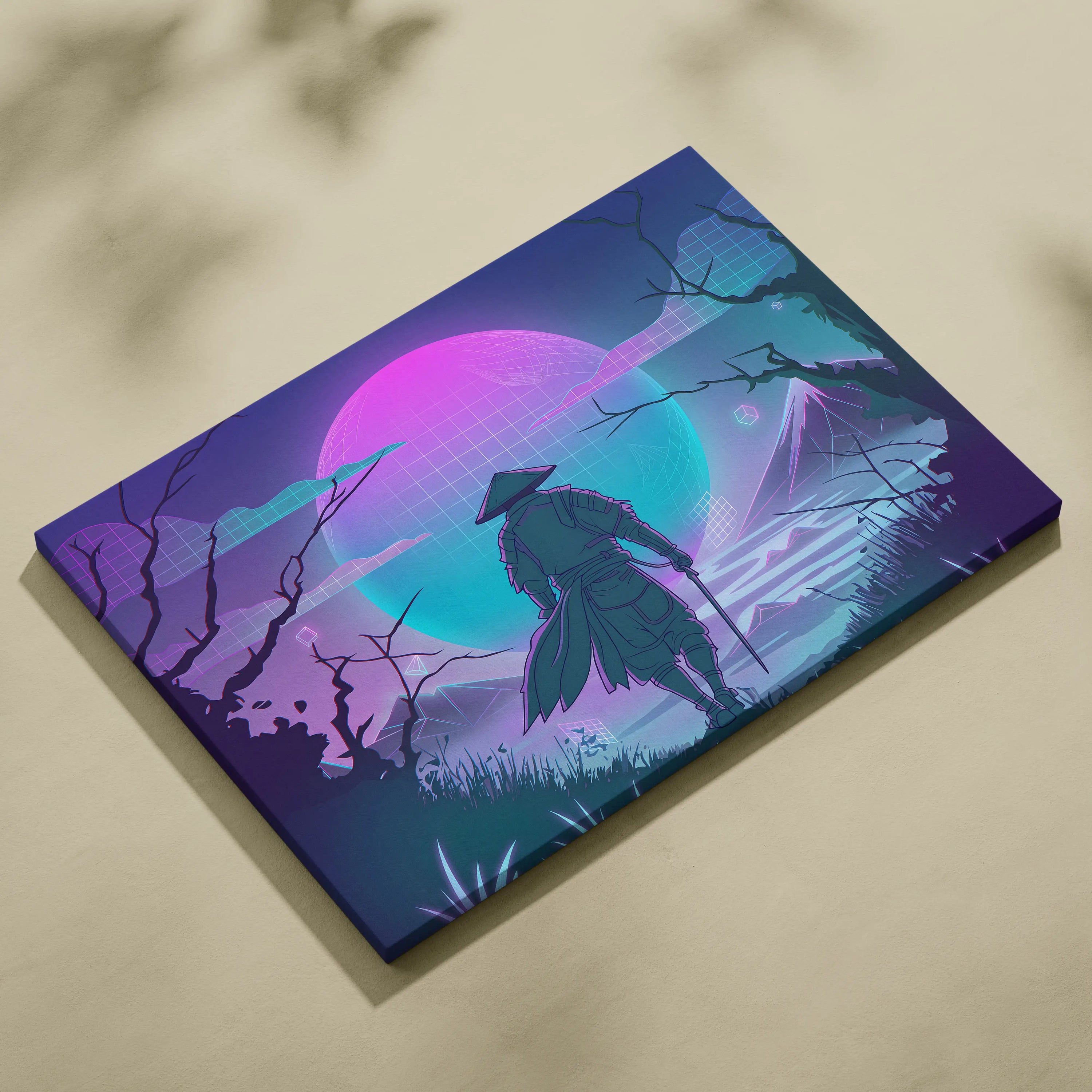 Vaporwave Neon Samurai Canvas - Samurai Neon Pink Purple Teal Living Room Vaporwave Dreamy Mood Neon Grid Canvas Print