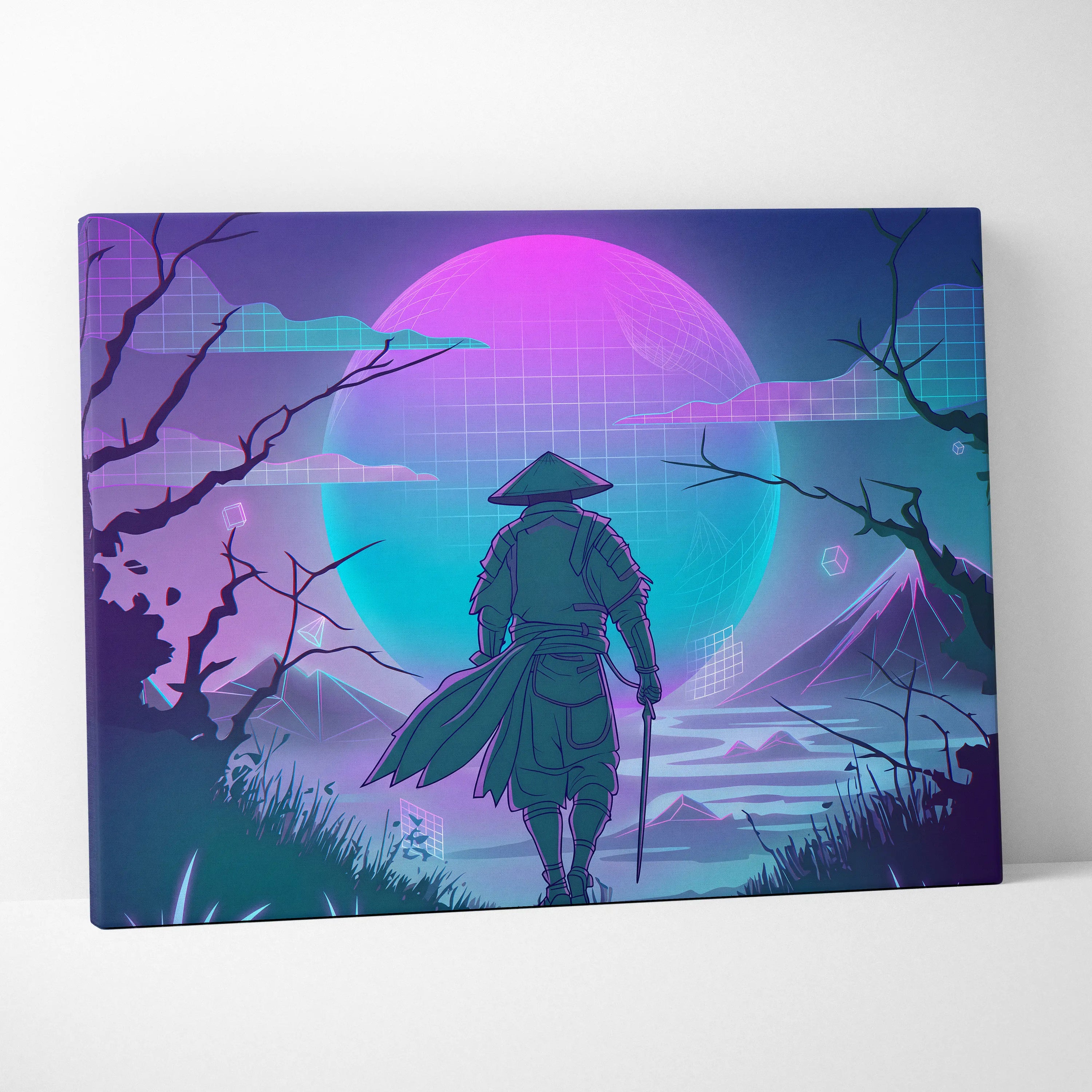 Vaporwave Neon Samurai Canvas - Samurai Neon Pink Purple Teal Living Room Vaporwave Dreamy Mood Neon Grid Canvas Print
