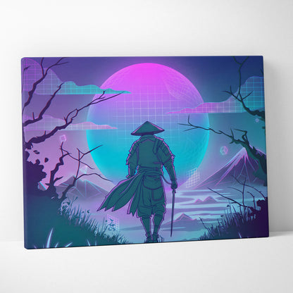 Vaporwave Neon Samurai Canvas - Samurai Neon Pink Purple Teal Living Room Vaporwave Dreamy Mood Neon Grid Canvas Print