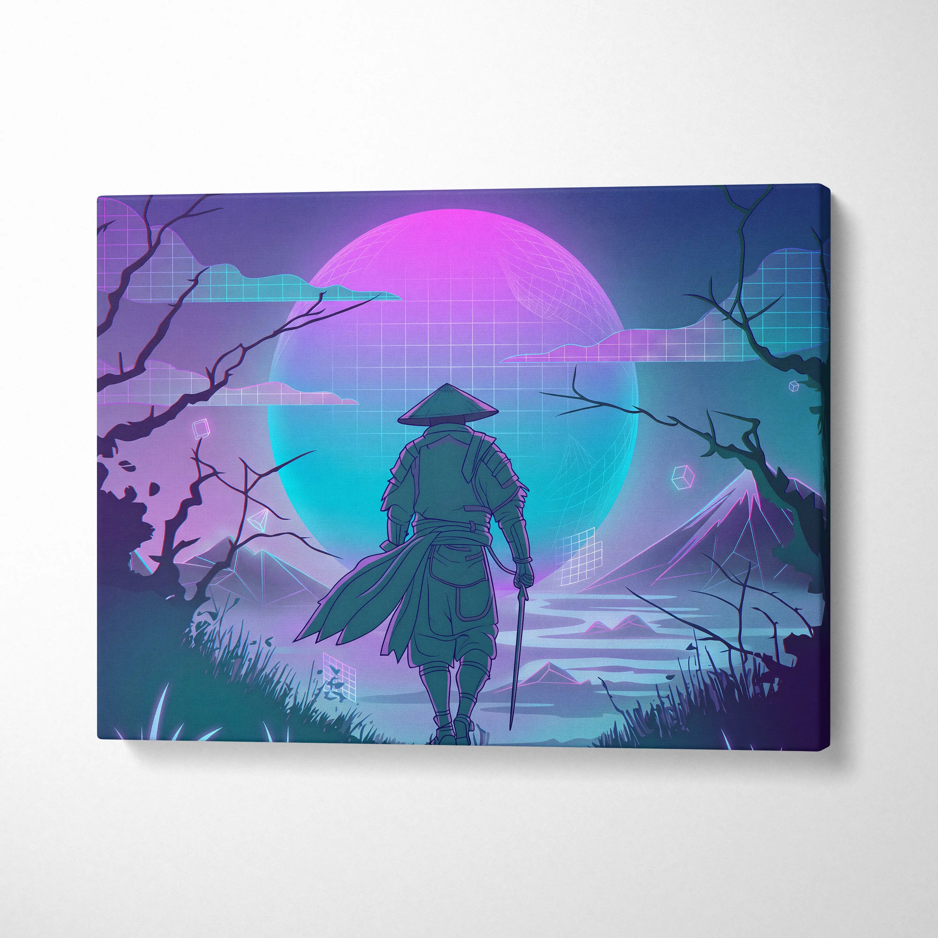 Vaporwave Neon Samurai Canvas - Samurai Neon Pink Purple Teal Living Room Vaporwave Dreamy Mood Neon Grid Canvas Print