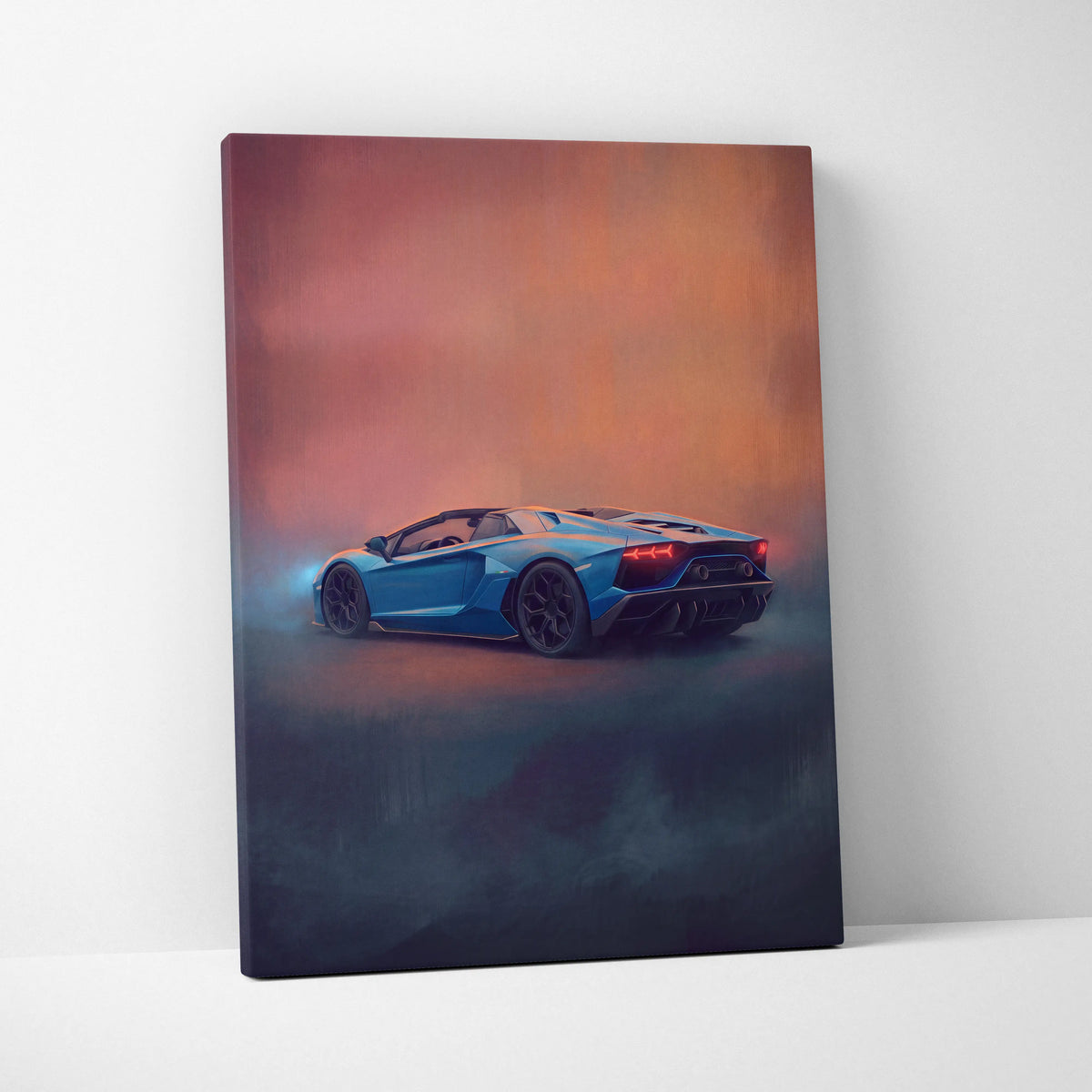 Blue lamborghini aventador roadster inspired canvas print with sleek design and glowing red taillights in misty setting