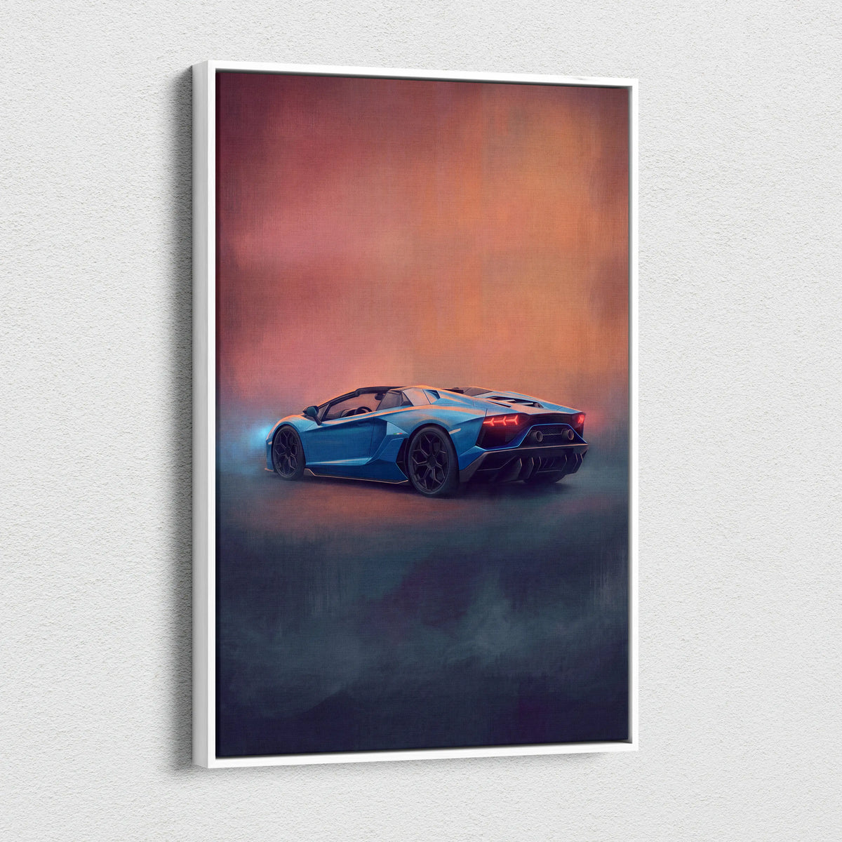 Blue lamborghini aventador sports car stylized artwork in white frame canvas print for wall decor track edition