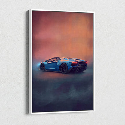 Blue lamborghini aventador sports car stylized artwork in white frame canvas print for wall decor track edition