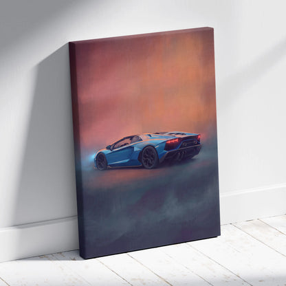 Blue Lamborghini Aventador Roadster inspired track edition canvas print with sleek design and glowing red taillights