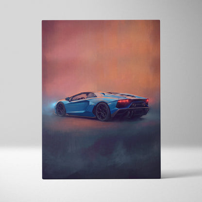 Blue Lamborghini Aventador Roadster inspired canvas painting print with glowing red taillights and misty track setting