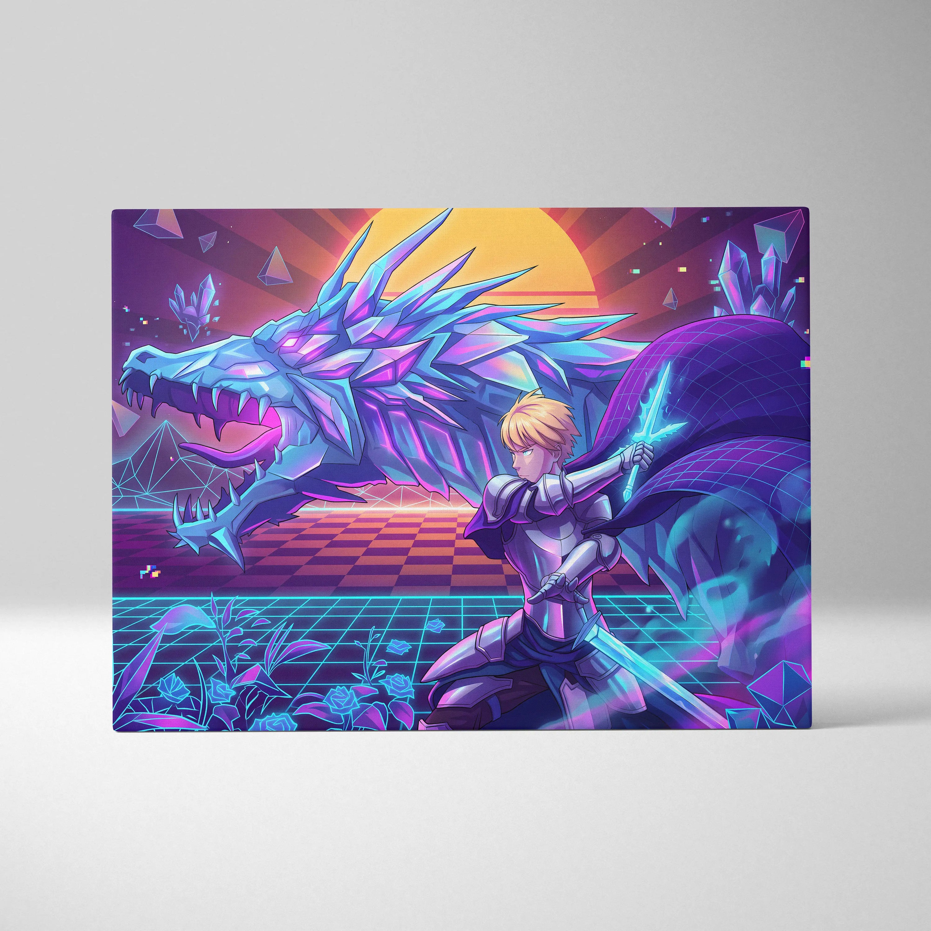 Vaporwave Dragon Neon Canvas - Dragon Neon Blue Purple Living Room Vaporwave Mystical Neon Retro Wall Decor Canvas Print