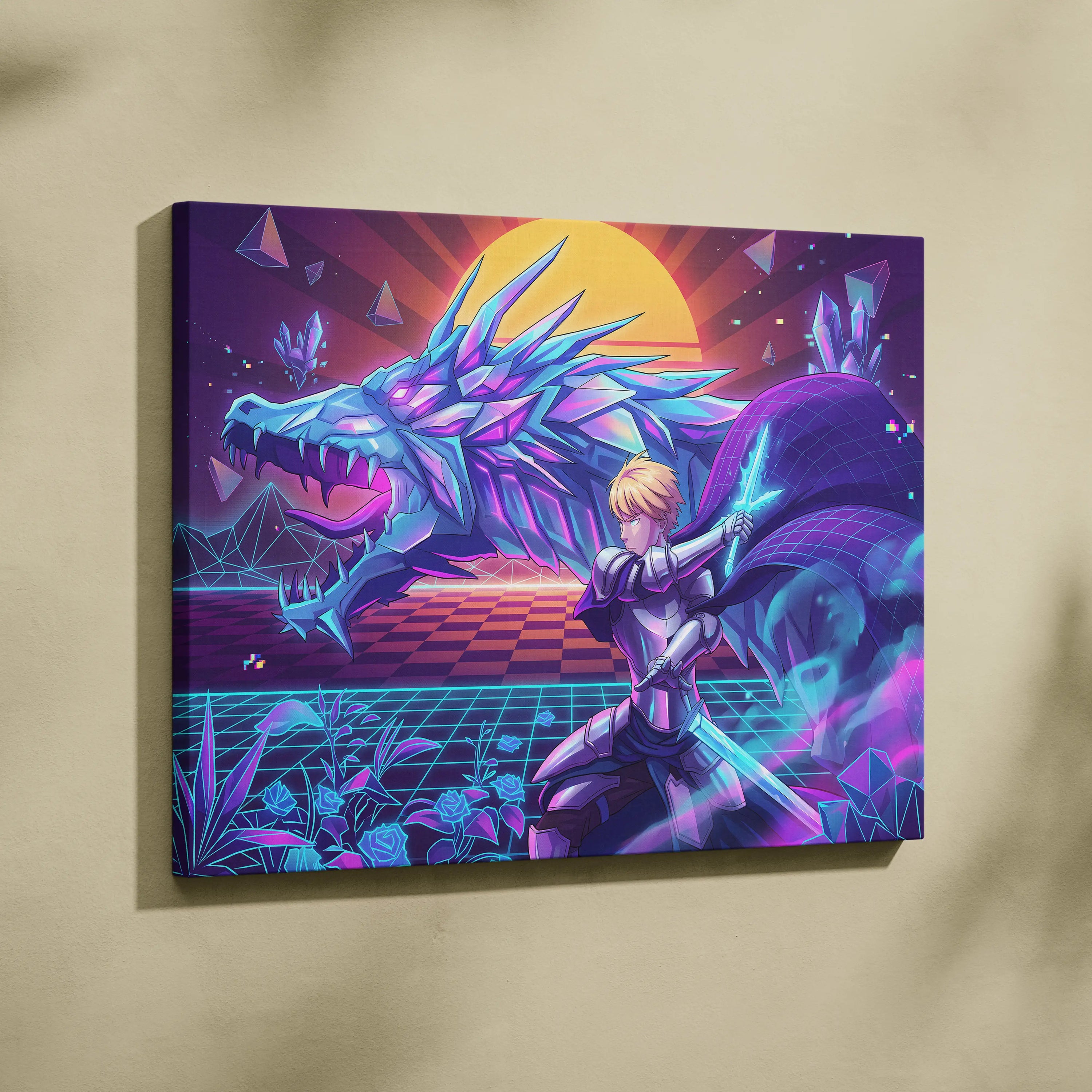 Vaporwave Dragon Neon Canvas - Dragon Neon Blue Purple Living Room Vaporwave Mystical Neon Retro Wall Decor Canvas Print