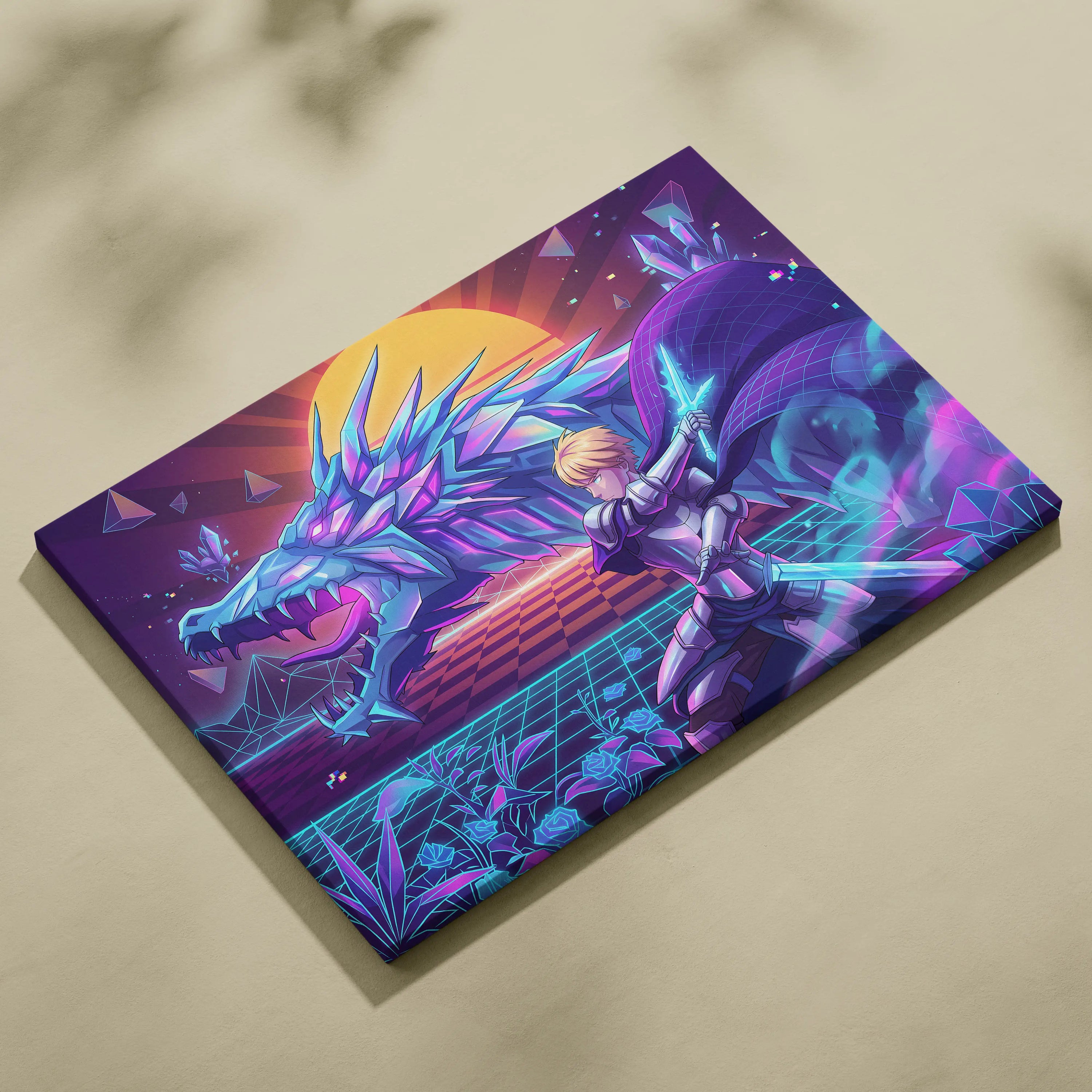 Vaporwave Dragon Neon Canvas - Dragon Neon Blue Purple Living Room Vaporwave Mystical Neon Retro Wall Decor Canvas Print
