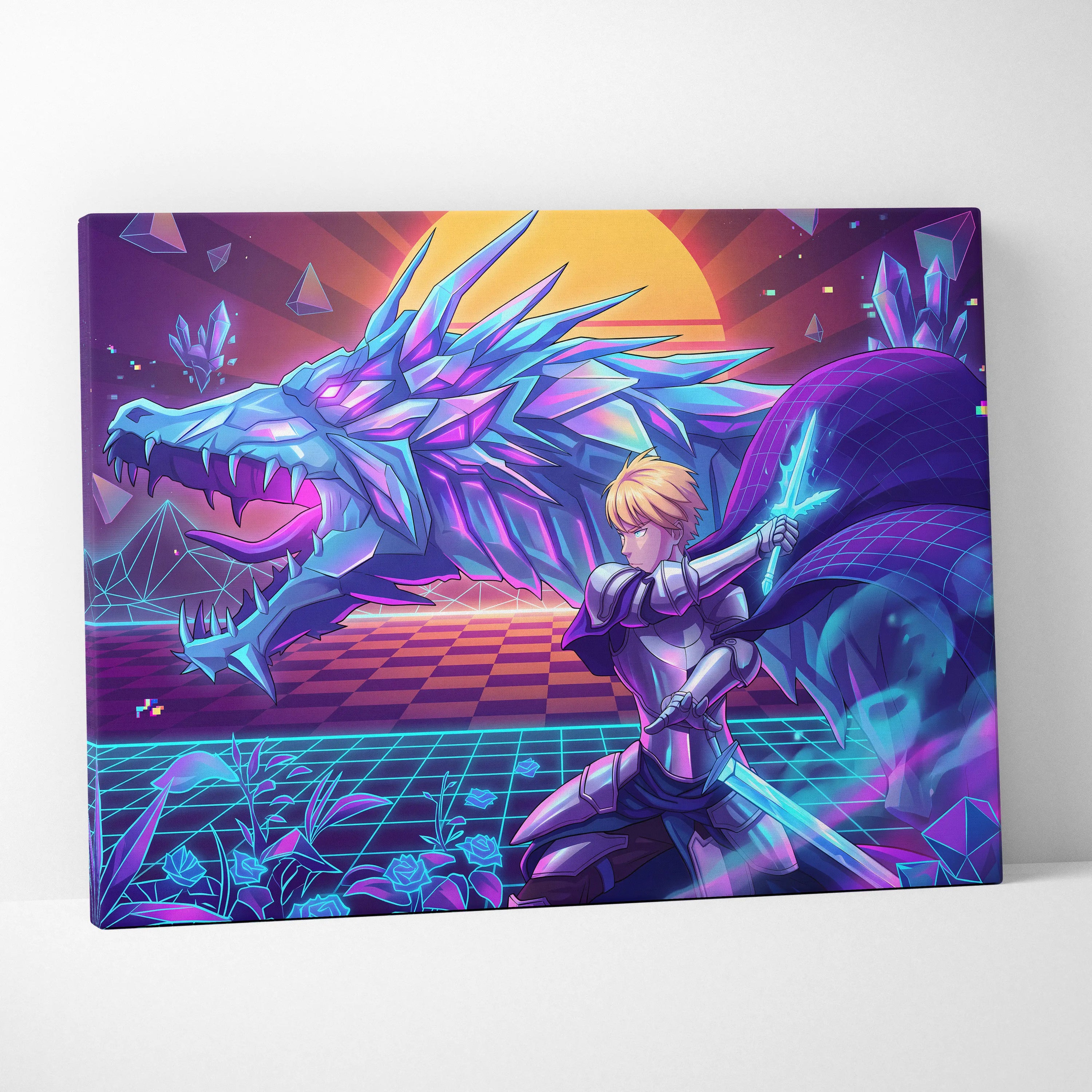 Vaporwave Dragon Neon Canvas - Dragon Neon Blue Purple Living Room Vaporwave Mystical Neon Retro Wall Decor Canvas Print
