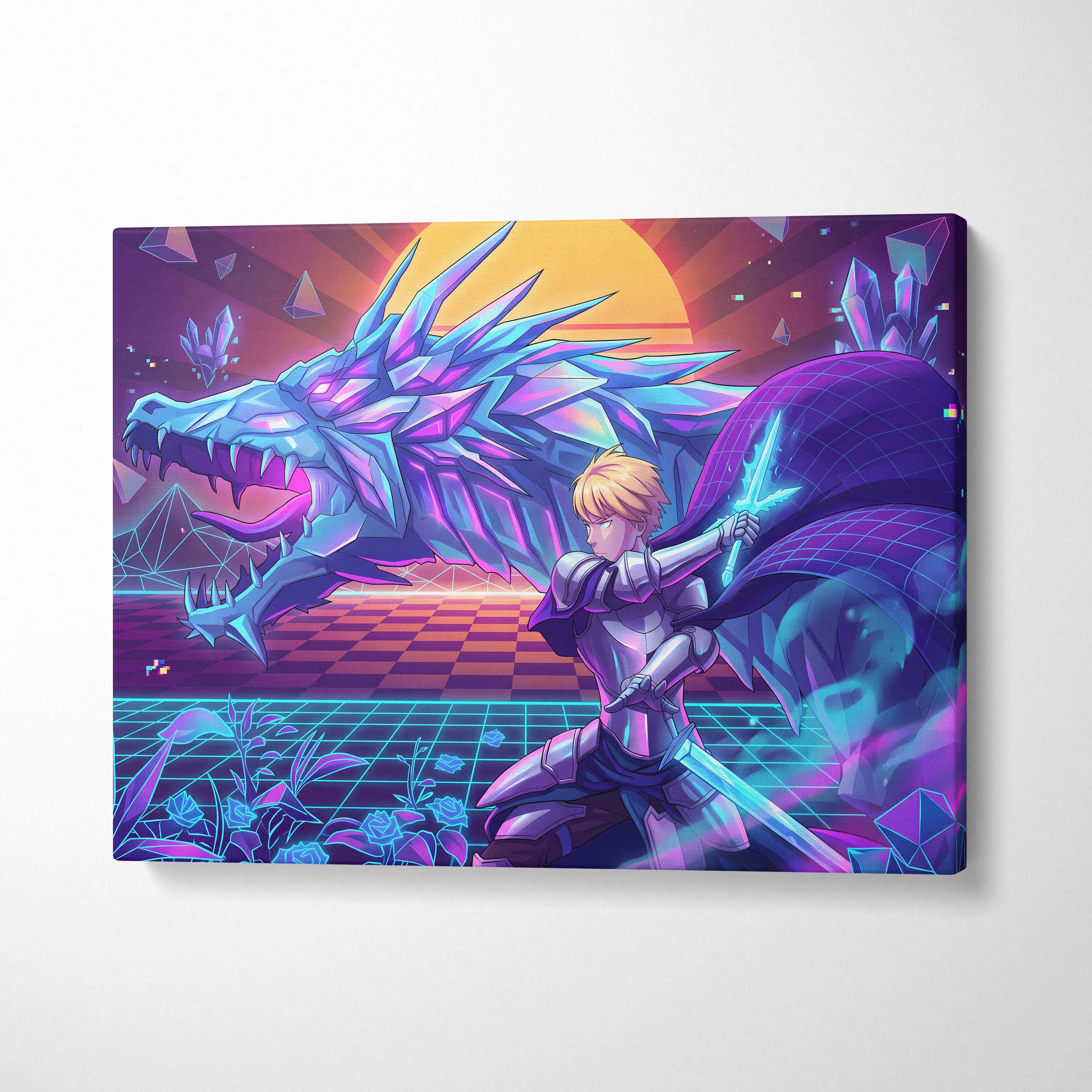 Vaporwave Dragon Neon Canvas - Dragon Neon Blue Purple Living Room Vaporwave Mystical Neon Retro Wall Decor Canvas Print