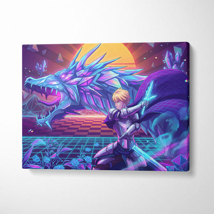 Vaporwave Dragon Neon Canvas - Dragon Neon Blue Purple Living Room Vaporwave Mystical Neon Retro Wall Decor Canvas Print