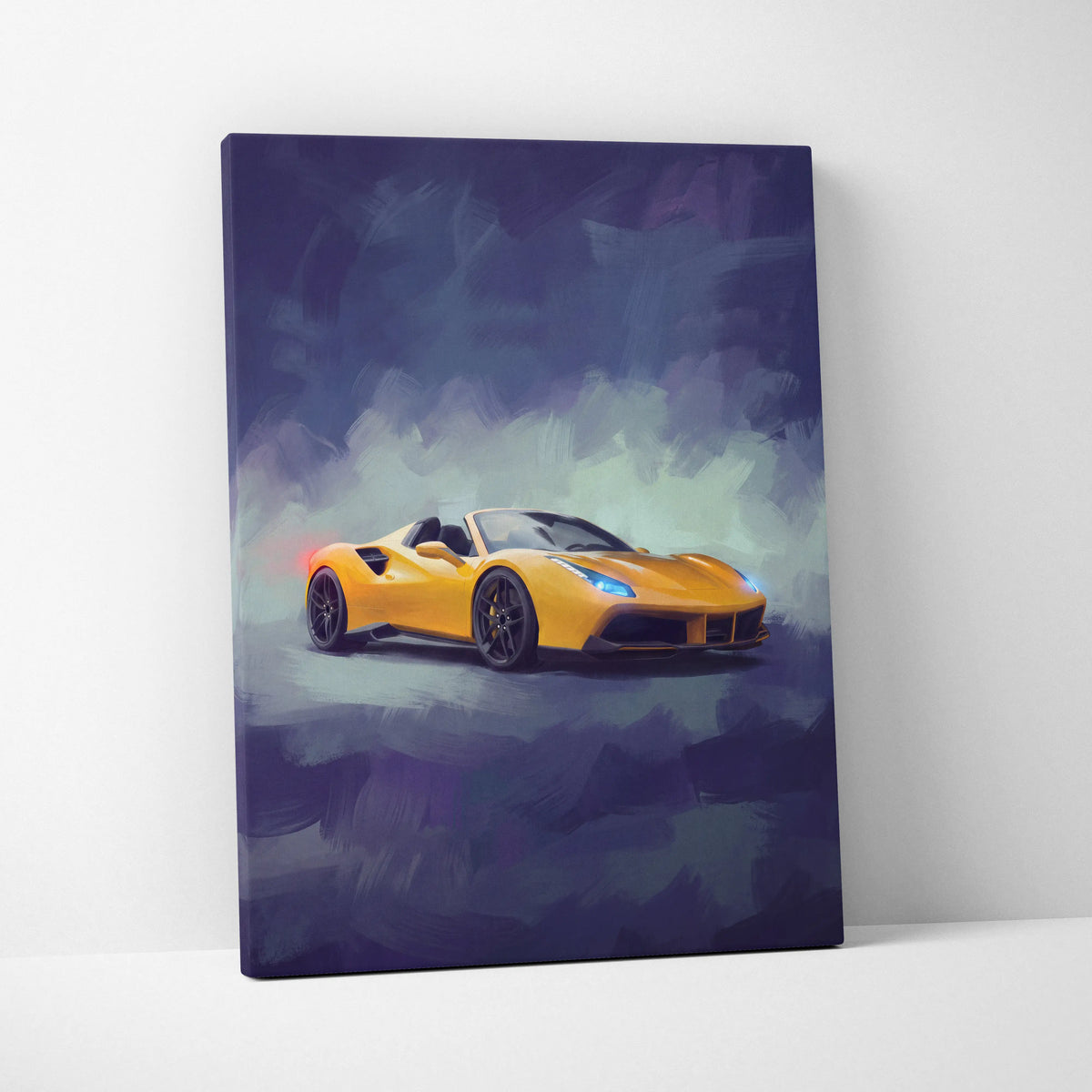 Vibrant yellow ferrari 488 spider inspired automotive wall art canvas print with sleek design and dynamic cloud background